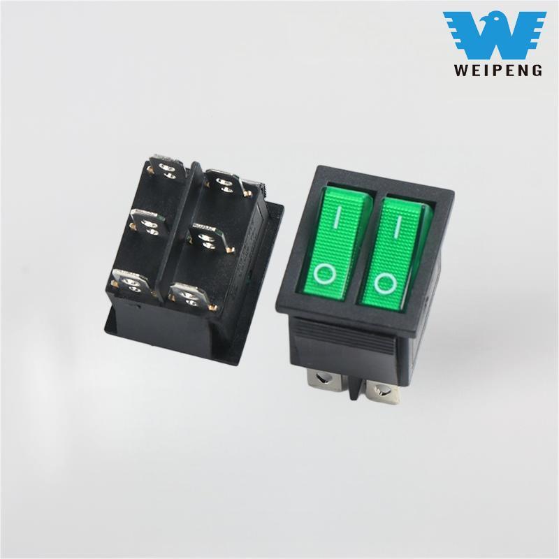 KCD4 Double-Pole 2-Position 6-Pin Rocker Switch ມີແສງສີຂຽວ