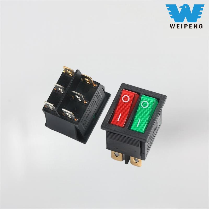 Kcd4 Double Rocker Switch ຮູບຊົງເຮືອ Dpdt 6-Pin ມີໄຟສີແດງແລະສີຂຽວ
